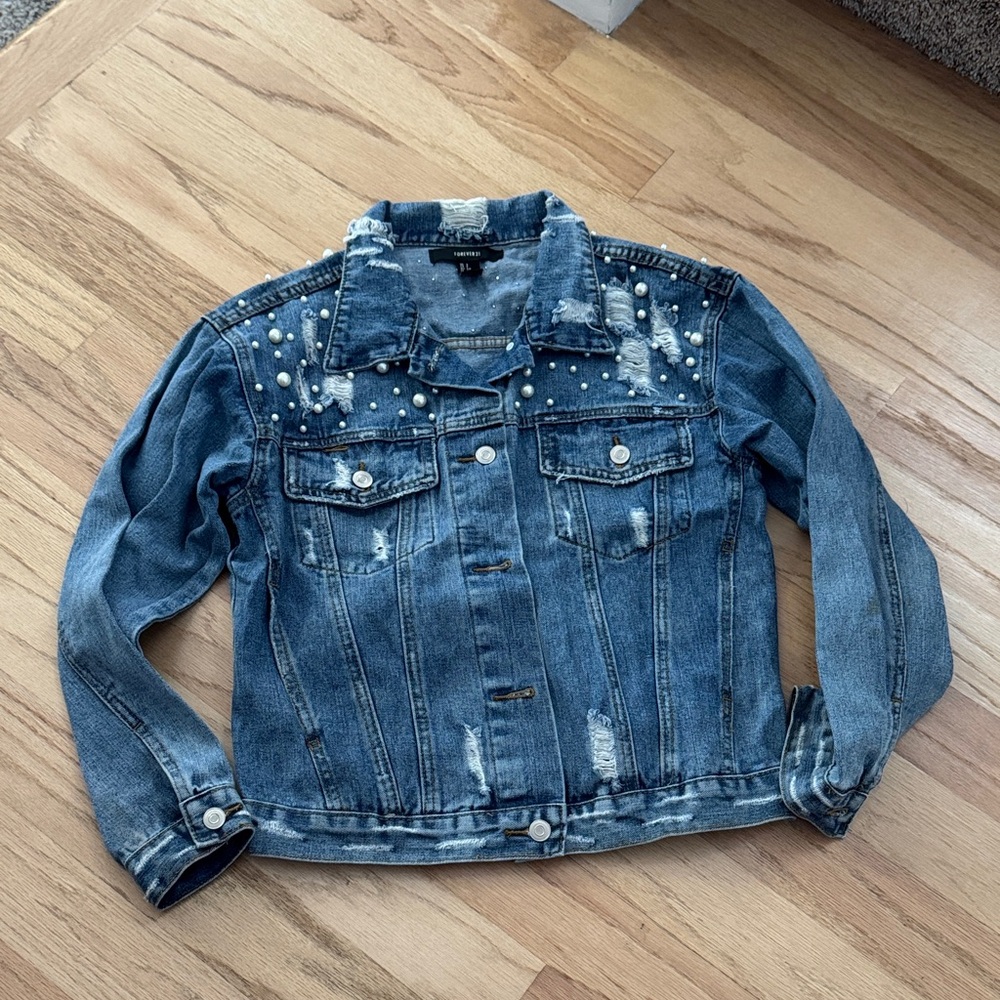 Distressed pearl denim jacket